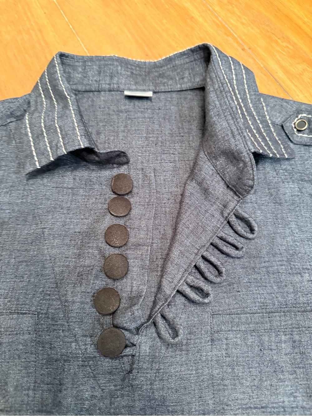 Women's Navy Denim Style Shirt Dress side slits adjustable sleeves Sz Large - Picture 12 of 16